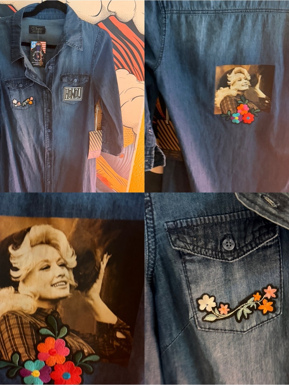 CUSTOM WESTERN DOLLY PARTON HORSE DENIM BUTTON DOWN TUNIC DRESS TOP MEDIUM